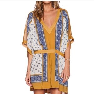 Free People Size m SANTA CRUZ Boho Kimono Mini Dress in Golden Rod Combo